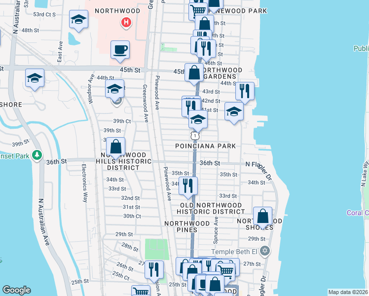 map of restaurants, bars, coffee shops, grocery stores, and more near 630 37th Street in West Palm Beach