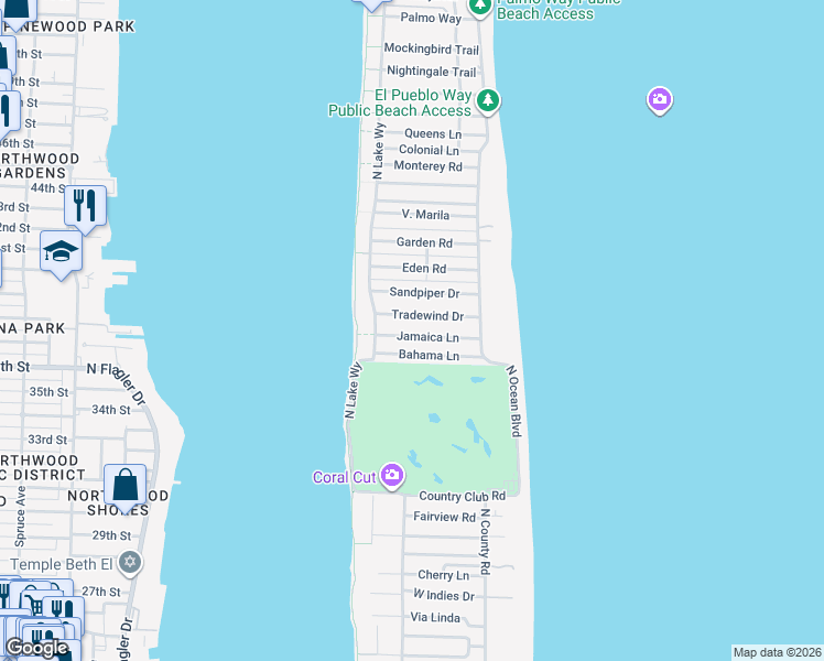 map of restaurants, bars, coffee shops, grocery stores, and more near 269 Jamaica Lane in Palm Beach
