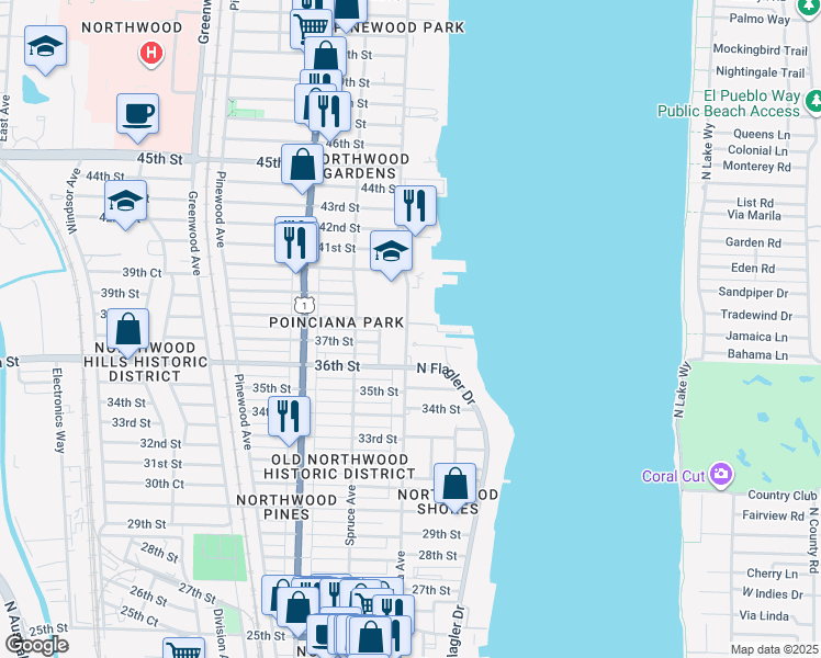 map of restaurants, bars, coffee shops, grocery stores, and more near 228 Flagler Lane in West Palm Beach