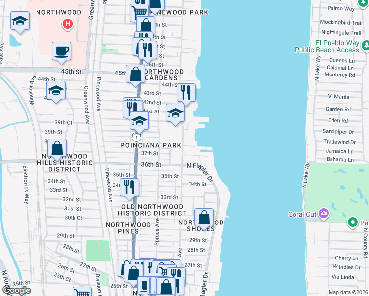 map of restaurants, bars, coffee shops, grocery stores, and more near 228 Flagler Lane in West Palm Beach
