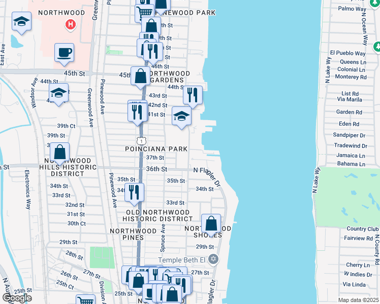 map of restaurants, bars, coffee shops, grocery stores, and more near 228 Flagler Lane in West Palm Beach