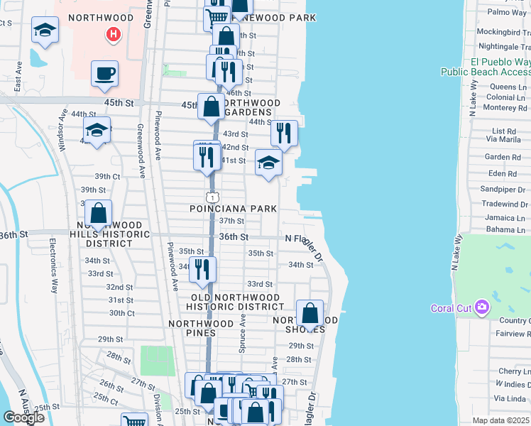 map of restaurants, bars, coffee shops, grocery stores, and more near 3718 Calvin Avenue in West Palm Beach