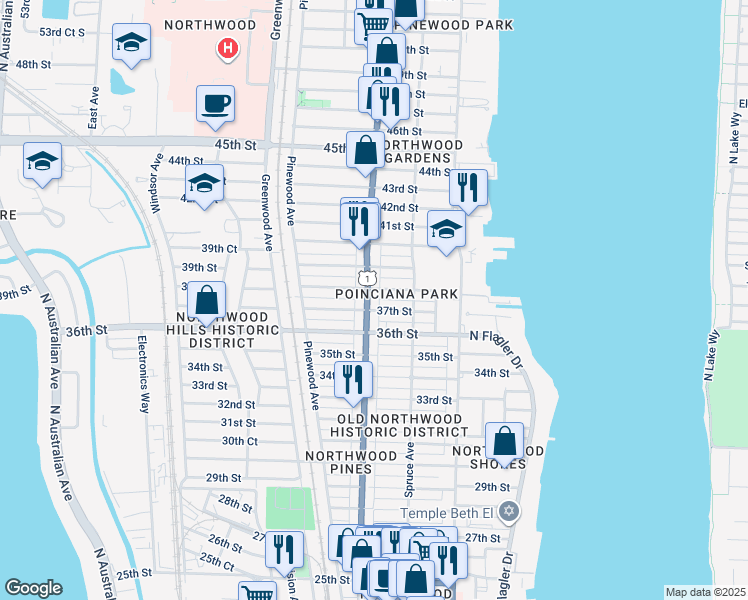 map of restaurants, bars, coffee shops, grocery stores, and more near 3712 Broadway Avenue in West Palm Beach