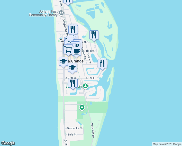 map of restaurants, bars, coffee shops, grocery stores, and more near 209 Waterway Avenue in Boca Grande
