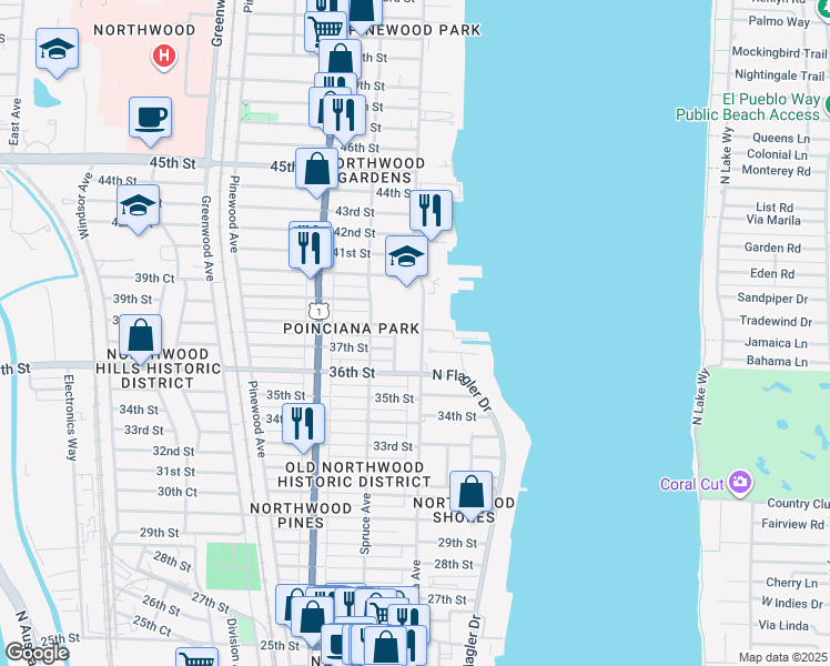 map of restaurants, bars, coffee shops, grocery stores, and more near 3718 Calvin Avenue in West Palm Beach