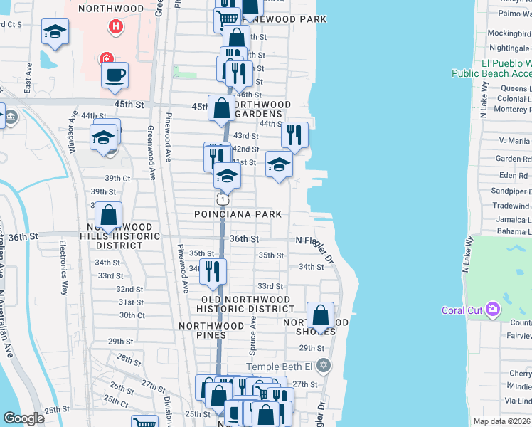 map of restaurants, bars, coffee shops, grocery stores, and more near 3718 Calvin Avenue in West Palm Beach