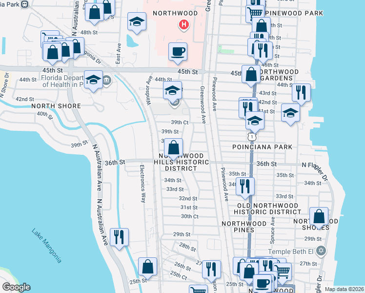 map of restaurants, bars, coffee shops, grocery stores, and more near 855 36th Street in West Palm Beach