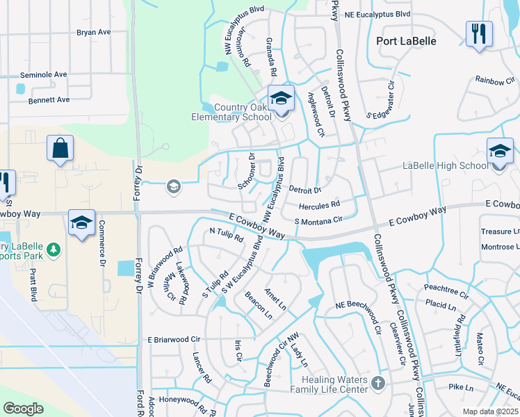 map of restaurants, bars, coffee shops, grocery stores, and more near 2011 Clipper Circle in LaBelle