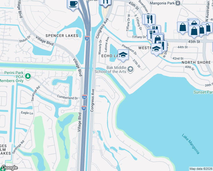 map of restaurants, bars, coffee shops, grocery stores, and more near 3700 Embassy Drive in West Palm Beach