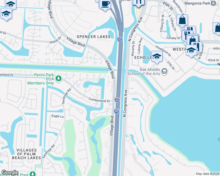 map of restaurants, bars, coffee shops, grocery stores, and more near 5110 51st Way in West Palm Beach
