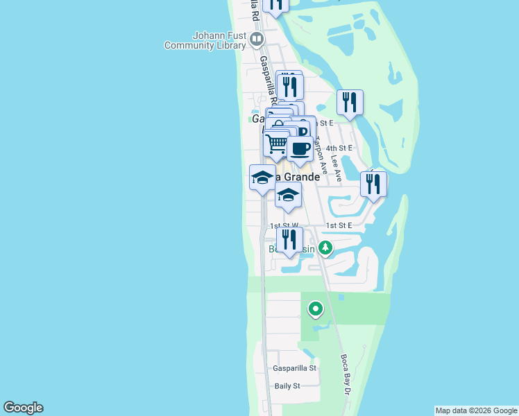 map of restaurants, bars, coffee shops, grocery stores, and more near 171 Gilchrist Avenue in Boca Grande