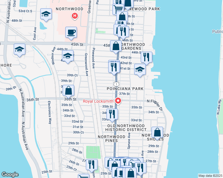 map of restaurants, bars, coffee shops, grocery stores, and more near 3911 Broadway Avenue in West Palm Beach