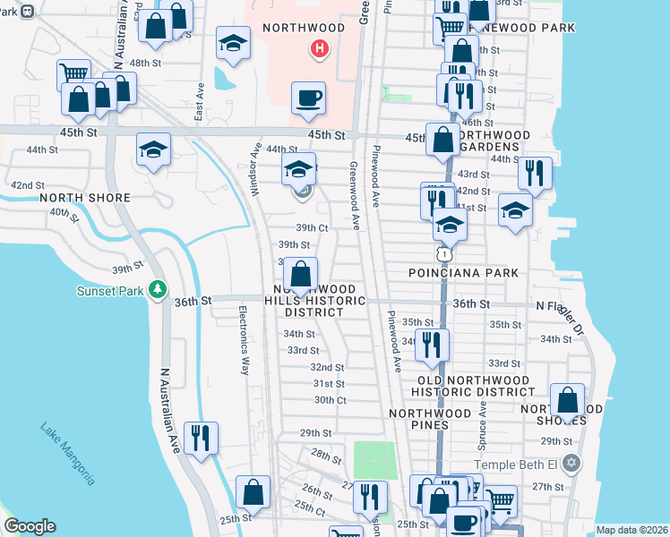 map of restaurants, bars, coffee shops, grocery stores, and more near 806 39th Street in West Palm Beach