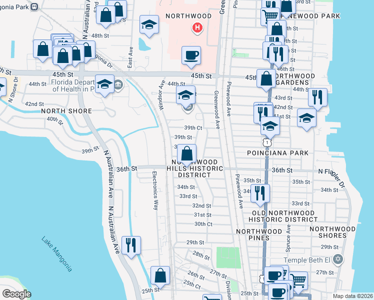 map of restaurants, bars, coffee shops, grocery stores, and more near 932 39th Street in West Palm Beach