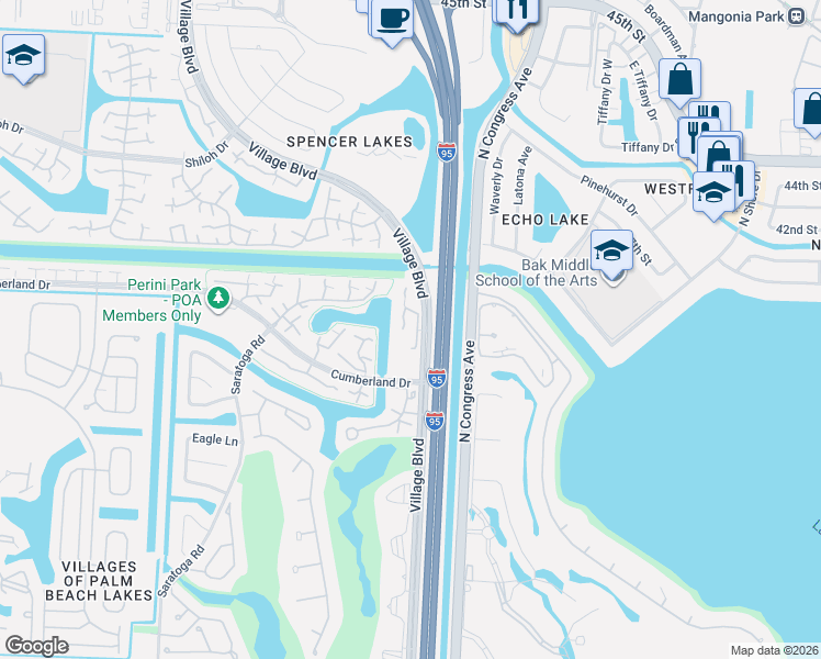 map of restaurants, bars, coffee shops, grocery stores, and more near 5107 51st Way in West Palm Beach