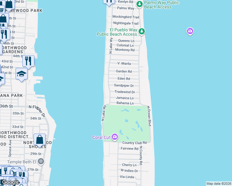 map of restaurants, bars, coffee shops, grocery stores, and more near 280 Tradewind Drive in Palm Beach