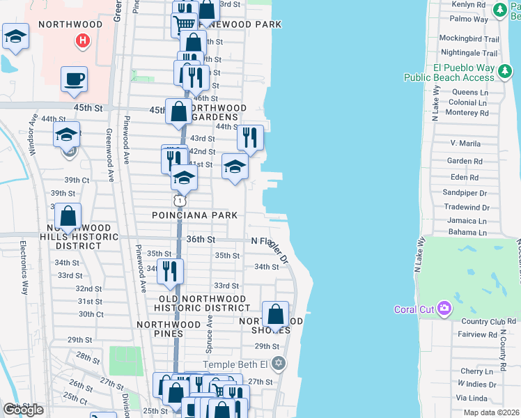 map of restaurants, bars, coffee shops, grocery stores, and more near 3950 North Flagler Drive in West Palm Beach