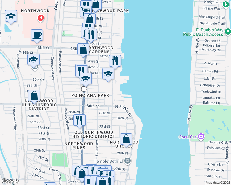 map of restaurants, bars, coffee shops, grocery stores, and more near 3960 North Flagler Drive in West Palm Beach