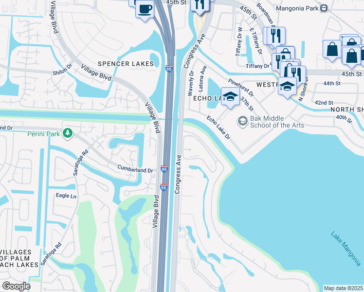 map of restaurants, bars, coffee shops, grocery stores, and more near 2995-3075 North Congress Avenue in West Palm Beach