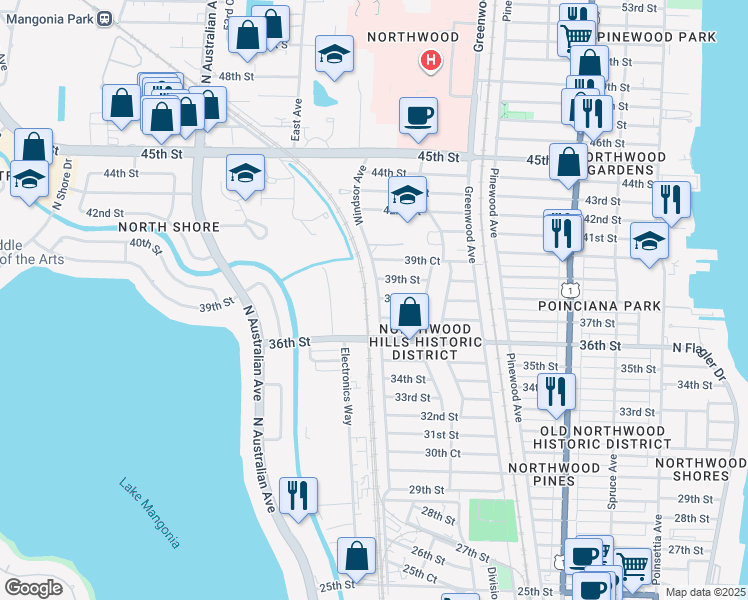 map of restaurants, bars, coffee shops, grocery stores, and more near 3911 Windsor Avenue in West Palm Beach