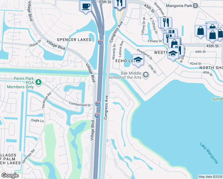 map of restaurants, bars, coffee shops, grocery stores, and more near 3710 Whitehall Drive in West Palm Beach