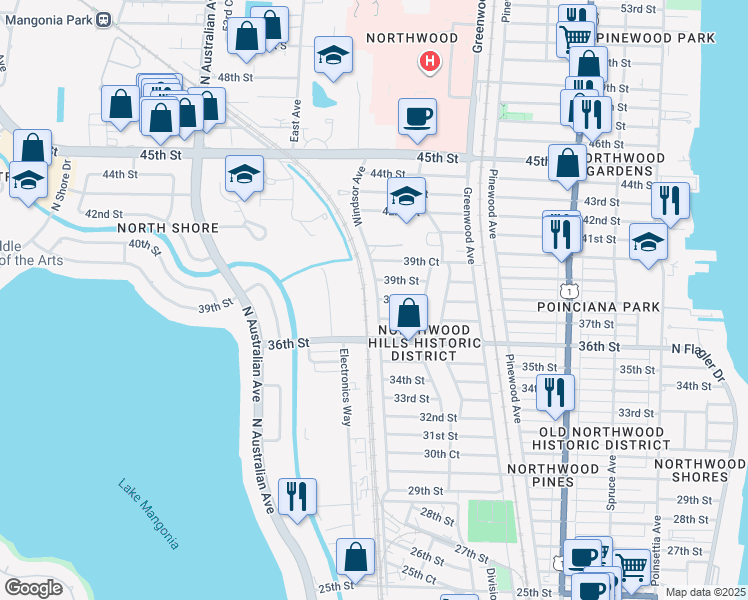 map of restaurants, bars, coffee shops, grocery stores, and more near 3911 Windsor Avenue in West Palm Beach