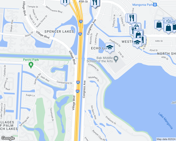 map of restaurants, bars, coffee shops, grocery stores, and more near 3826 Whitehall Drive in West Palm Beach