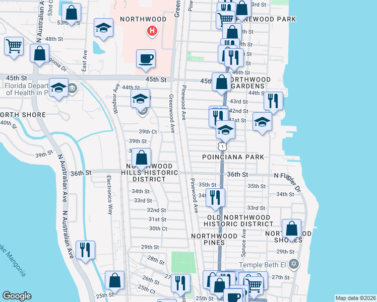 map of restaurants, bars, coffee shops, grocery stores, and more near 38th Street in West Palm Beach