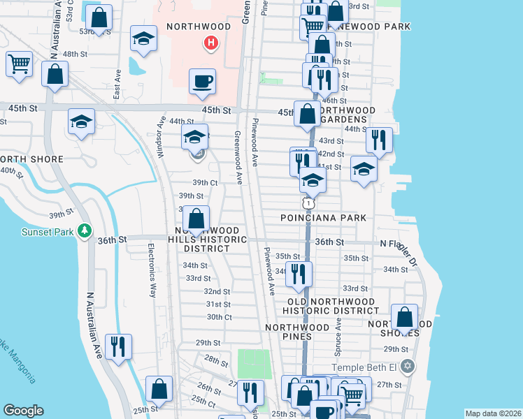 map of restaurants, bars, coffee shops, grocery stores, and more near 38th Street in West Palm Beach