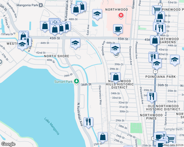 map of restaurants, bars, coffee shops, grocery stores, and more near 3901 36th Court in West Palm Beach