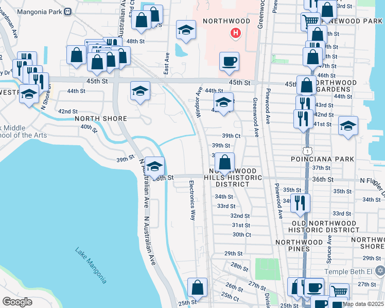 map of restaurants, bars, coffee shops, grocery stores, and more near 3911 Windsor Avenue in West Palm Beach