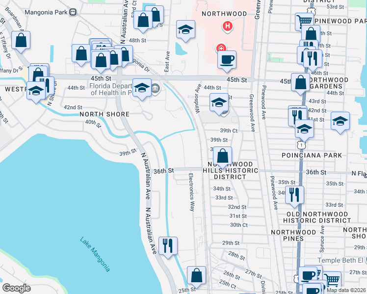 map of restaurants, bars, coffee shops, grocery stores, and more near 3901 36th Court in West Palm Beach
