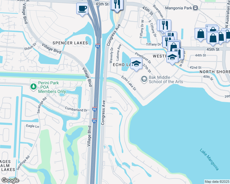 map of restaurants, bars, coffee shops, grocery stores, and more near 3826 Whitehall Drive in West Palm Beach