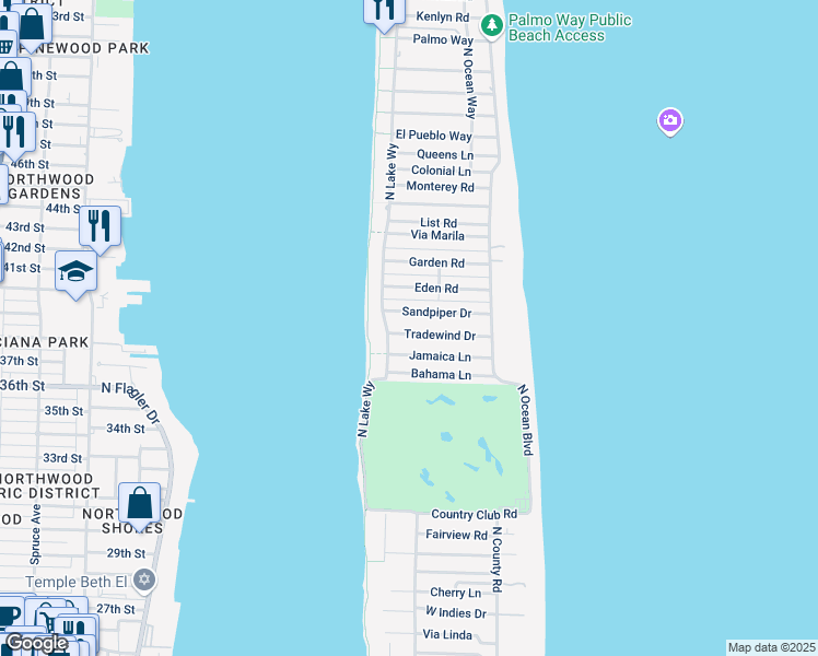 map of restaurants, bars, coffee shops, grocery stores, and more near 275 Tradewind Drive in Palm Beach
