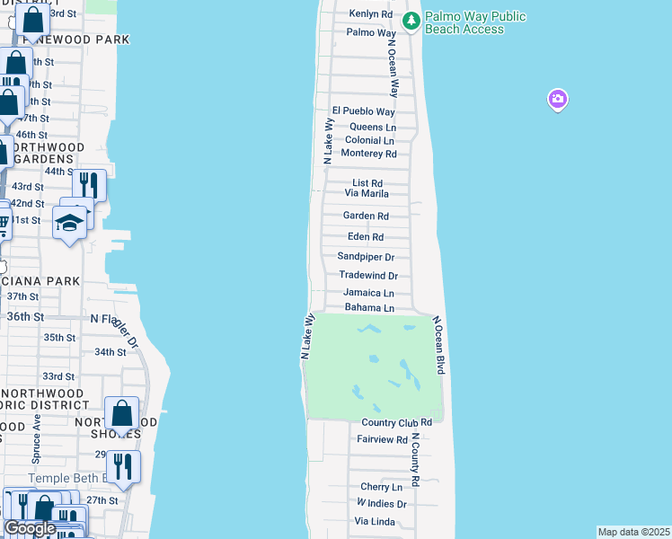 map of restaurants, bars, coffee shops, grocery stores, and more near 275 Tradewind Drive in Palm Beach