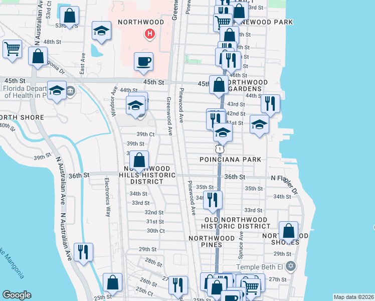 map of restaurants, bars, coffee shops, grocery stores, and more near 721 38th Street in West Palm Beach