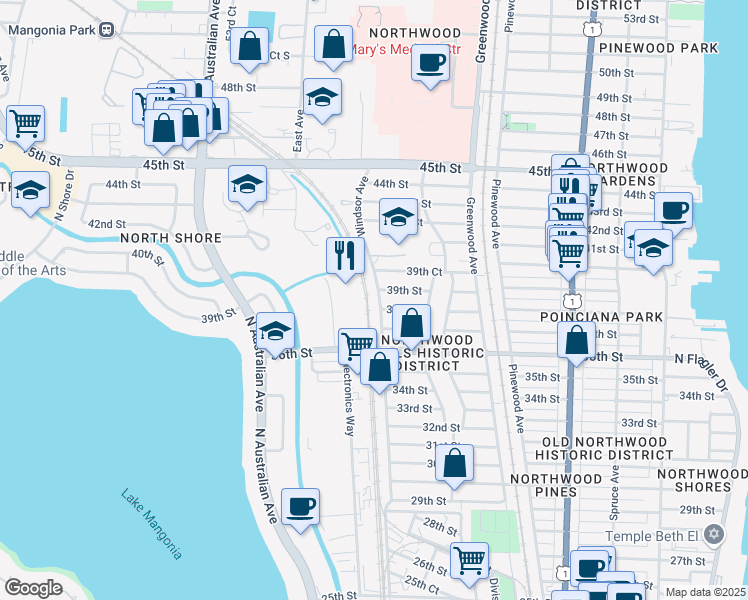 map of restaurants, bars, coffee shops, grocery stores, and more near 3911 Windsor Avenue in West Palm Beach