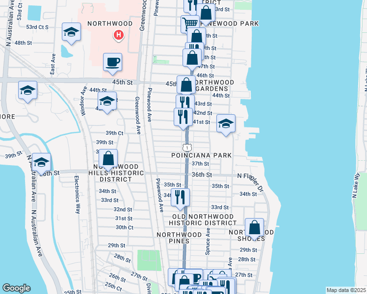 map of restaurants, bars, coffee shops, grocery stores, and more near 3911 Broadway Avenue in West Palm Beach