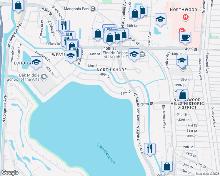 map of restaurants, bars, coffee shops, grocery stores, and more near 1524 39th Street in West Palm Beach