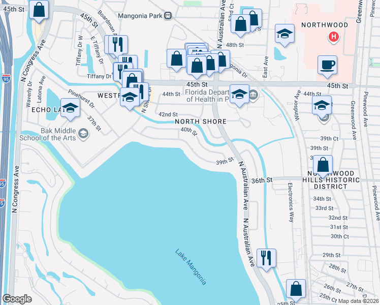 map of restaurants, bars, coffee shops, grocery stores, and more near 1524 39th Street in West Palm Beach