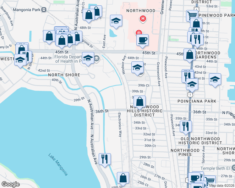 map of restaurants, bars, coffee shops, grocery stores, and more near 1001 36th Street in West Palm Beach