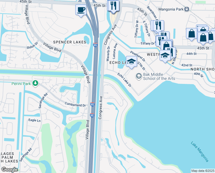 map of restaurants, bars, coffee shops, grocery stores, and more near 3826 Whitehall Drive in West Palm Beach