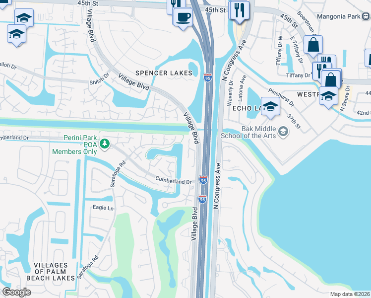 map of restaurants, bars, coffee shops, grocery stores, and more near 5120 51st Way in West Palm Beach
