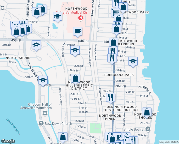 map of restaurants, bars, coffee shops, grocery stores, and more near 806 39th Street in West Palm Beach