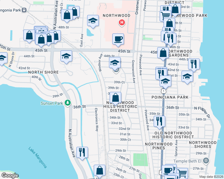 map of restaurants, bars, coffee shops, grocery stores, and more near 932 39th St in West Palm Beach