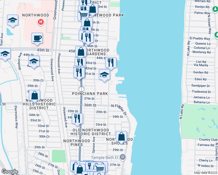 map of restaurants, bars, coffee shops, grocery stores, and more near 4000 North Flagler Drive in West Palm Beach