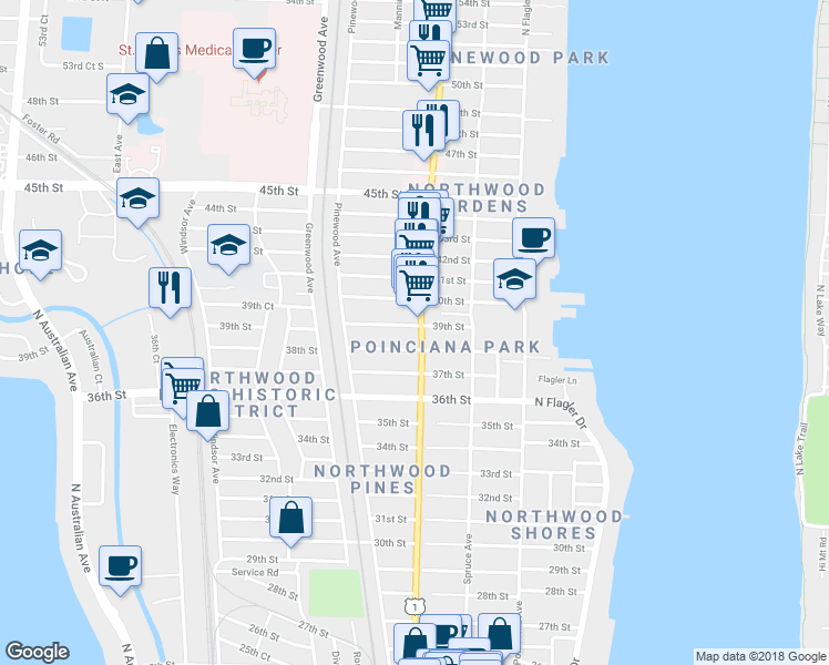 map of restaurants, bars, coffee shops, grocery stores, and more near 3911 Broadway Avenue in West Palm Beach