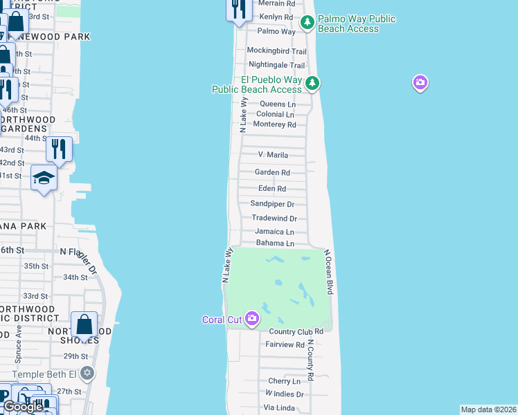 map of restaurants, bars, coffee shops, grocery stores, and more near 272 Sandpiper Drive in Palm Beach