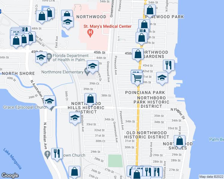 map of restaurants, bars, coffee shops, grocery stores, and more near 806 39th Street in West Palm Beach