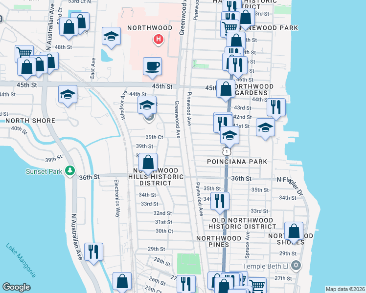 map of restaurants, bars, coffee shops, grocery stores, and more near 806 39th Street in West Palm Beach